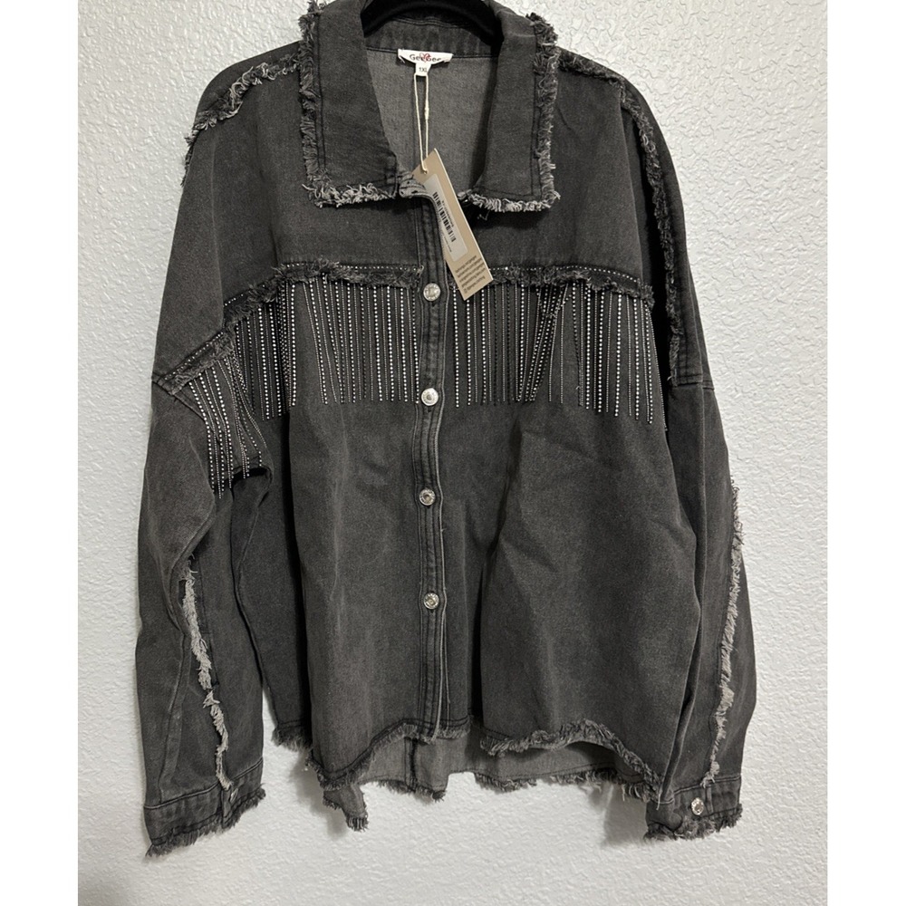 NWT GeeGee‎ Plus - Black Denim Jacket with Tassel Detailing & Distress - Size 1X